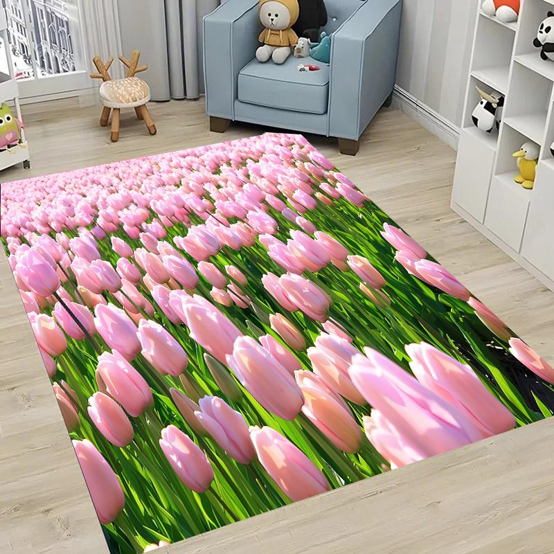 Krásný 3D tištěný koberec s tulipány do obývacího pokoje, ložnice Alfombra Protiskluzový měkký kusový koberec Pohovka Vstupní rohožka Domácí rohožka Dekor Tapete