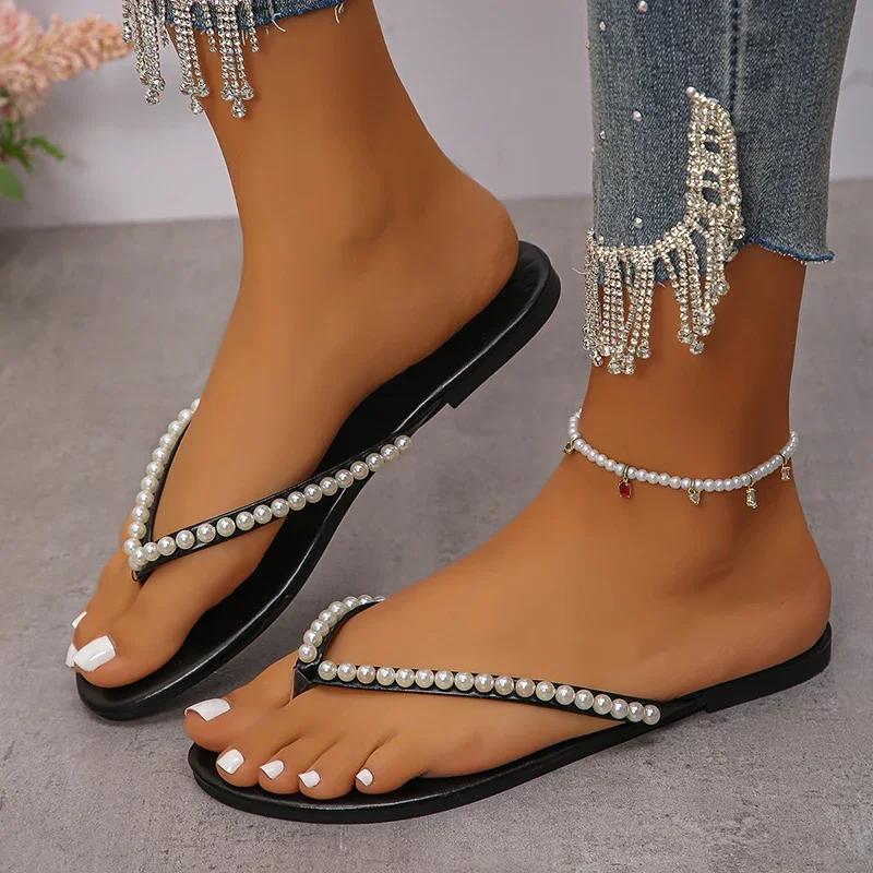 Fashion Summer Beach Pearl Decor Flip Flops Women Fashion Black Flat Clip Toe Slippers Female Plus Size Non Slip Pu Leather Slides Mujer