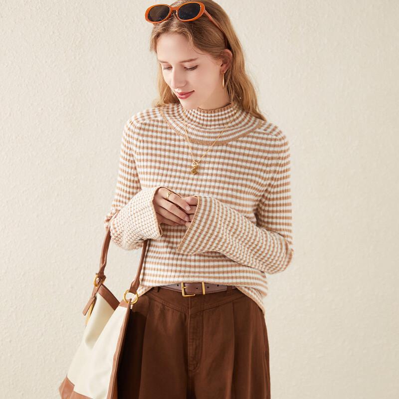 TUHUANG Women's Pure Wool Striped Colorblock Half-High Collar Sweater