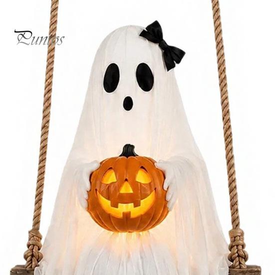 Holiday Home Atmosphere Enhancers Halloween Lighted Ghost Swing with Glowing Pumpkin, Hanging Spooky Decor Decorative Props for Festivals Porch Yard,