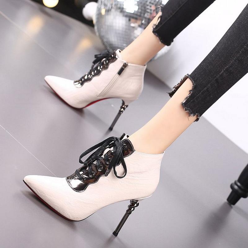 Fashion FHC 2024 New Women Naked Boots,High Heeled Autumn Shoes,Short Botas,Front Lace-up,Pointed Toe,34-39,Black,Green,Dropship