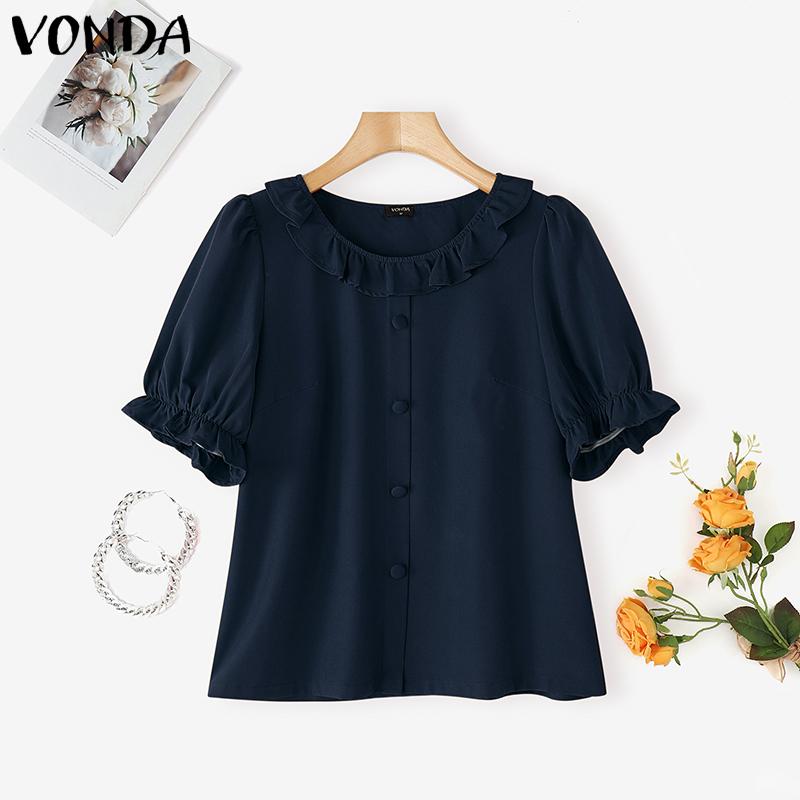 

VONDA Women Summer Ruffled Neck Puff Sleeve Solid Color Casual Cropped Blouse