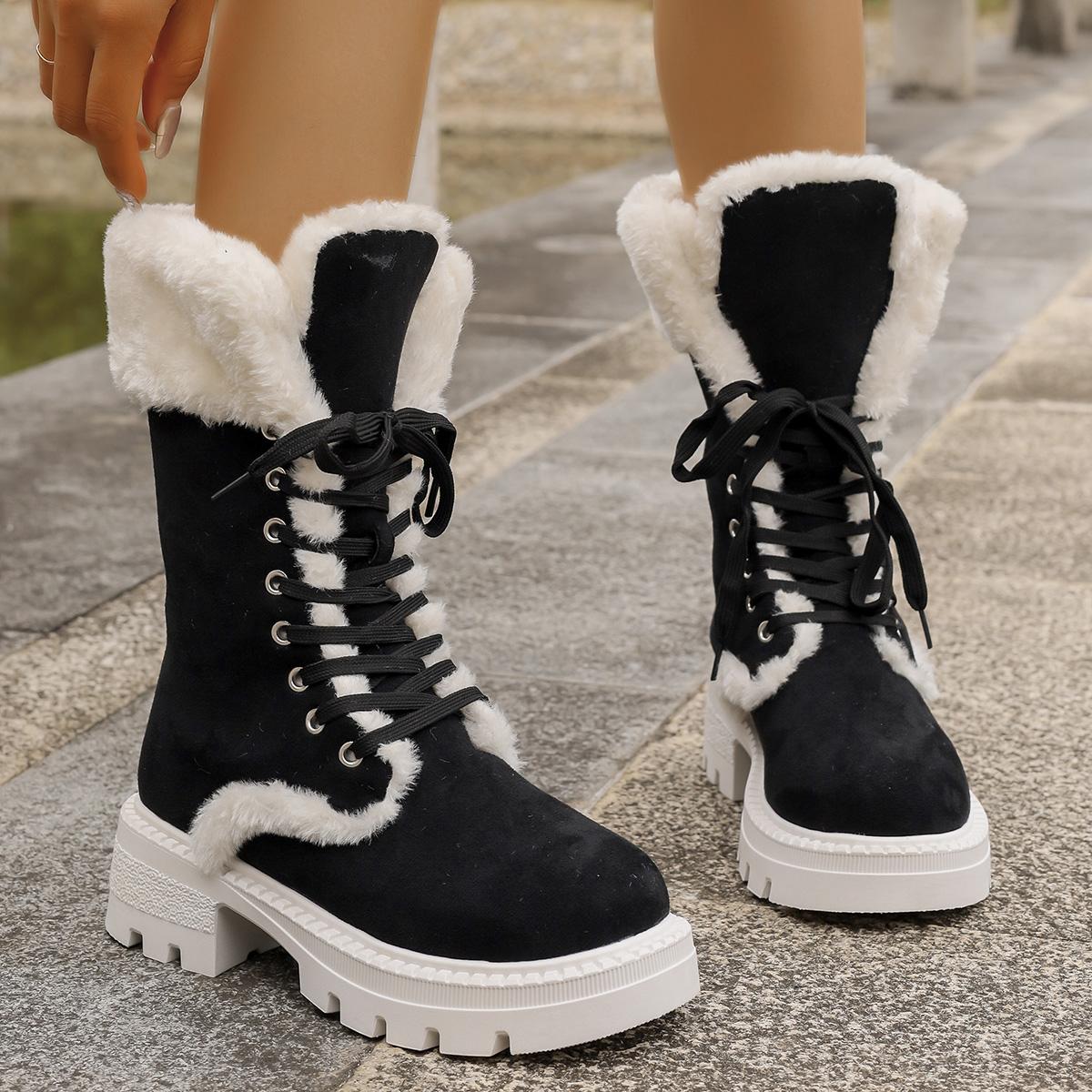 

Модные зимние плюшевые ботинки для женщин, зимние ботильоны на платформе, женские ботинки до середины икры на шнуровке, утепленные хлопковые ботинки для женщин 35 чёрный