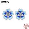 WOSTU 100% 925 Sterling Silver Blue Flower Stud Earrings For Women Wedding Fashion Anniversary Jewelry