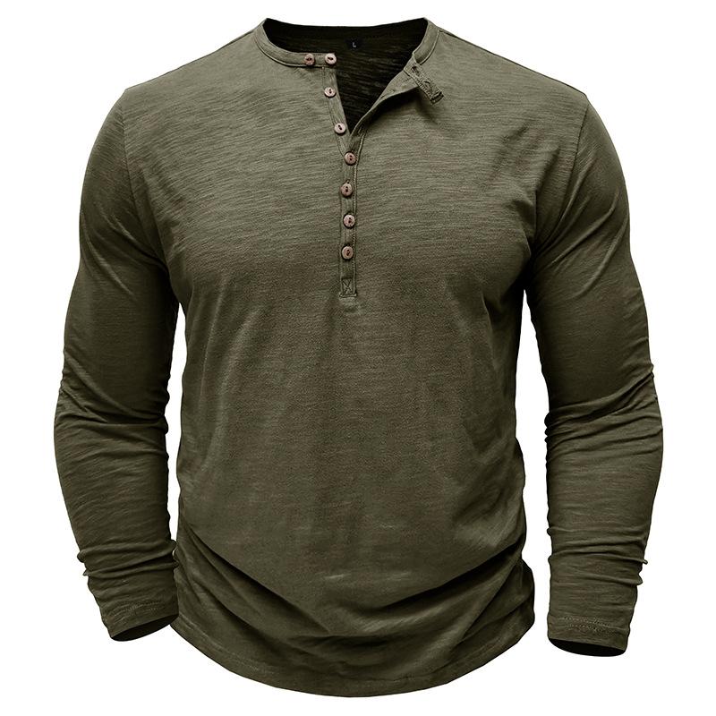 Autumn New High-End Men Cotton Button Henley Neck T-shirts Fashion Solid Color Long Sleeve T Shirt Casual Button Top Tees