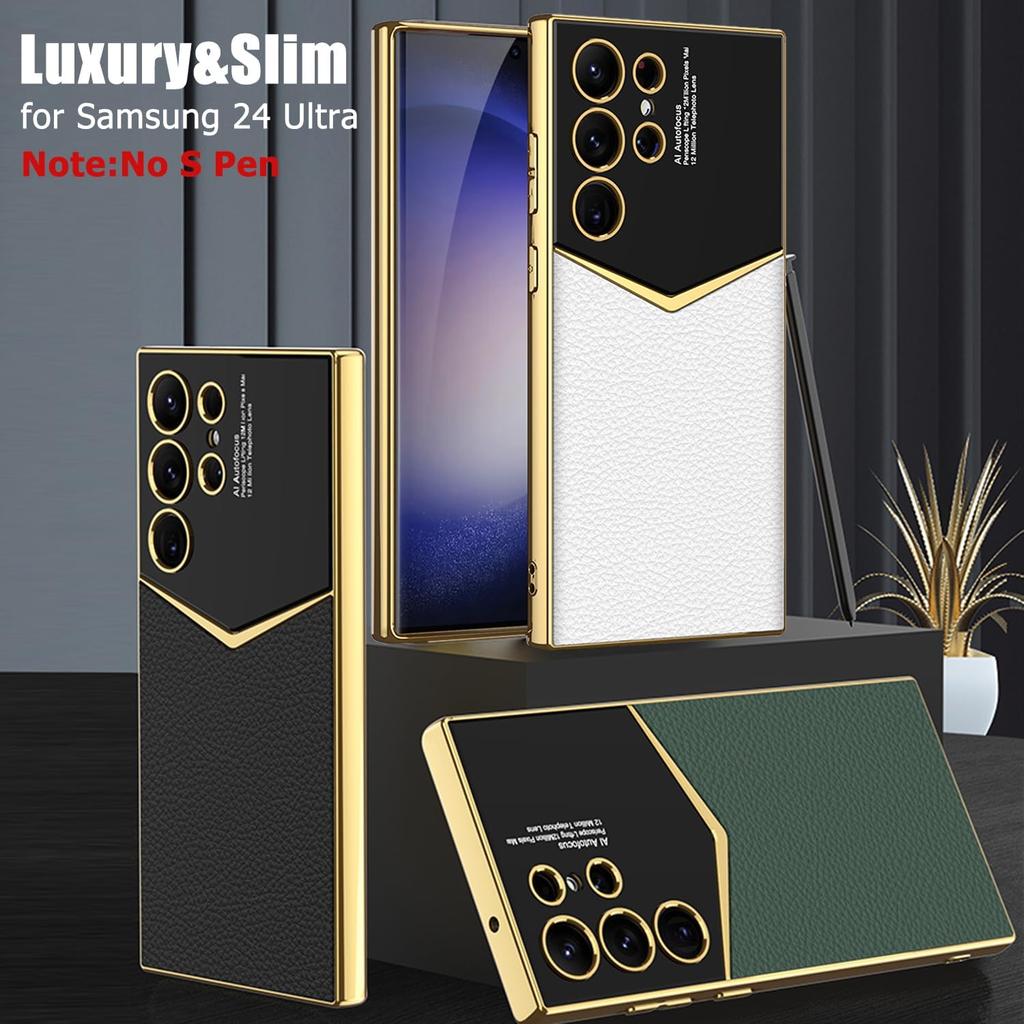 Leather Case for Samsung Galaxy S24 Ultra with Electroplated Frame, Vintage Luxury PU Non-Slip Grip Shockproof Full Body Protective Cover Phone Cases