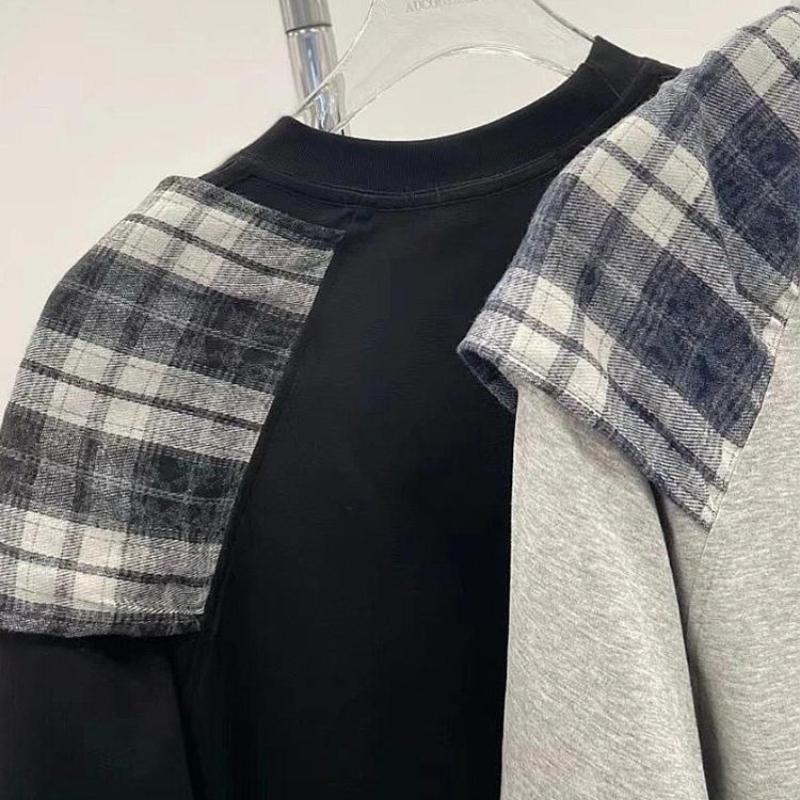 Checker Splicing Short Sleeve T-shirt for Women Loose Cotton Round Neck T-shirts Korean Style Lady's Summer Pullover Tee