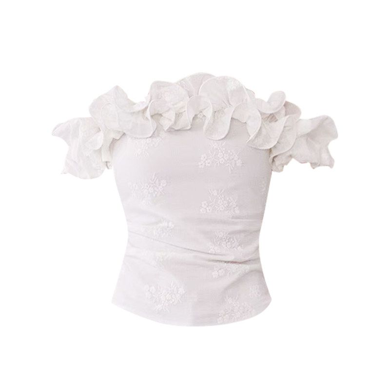 French-Style Chic White Jacquard Off-Shoulder Top for Women, Summer 2026, Waist-Cinching, Slim-Fit, Short Blouse White [High Quality] S