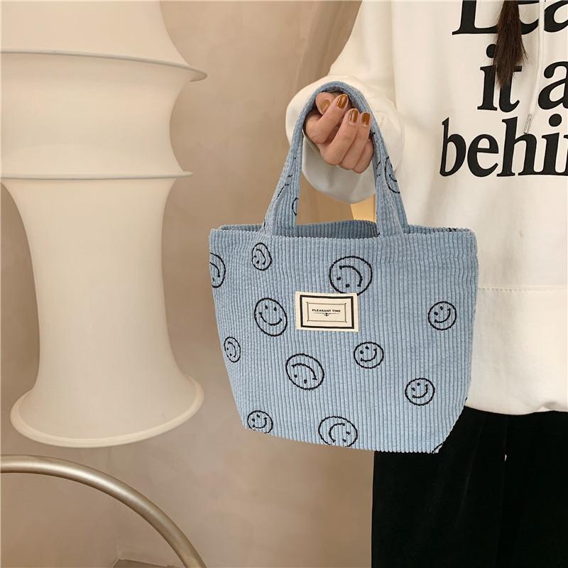 Vintage Corduroy Polka Dot Tote Bag For Women Soft Handle Cute Lunch Bag