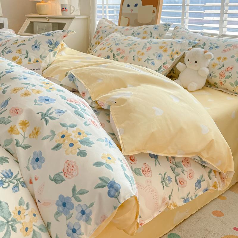 Watercolor Flower Duvet Cover Cotton Cartoon Bunny Comforter Cover Lovely Farm Animal Rabbit Bedding Set for Girly Bedroom Decor