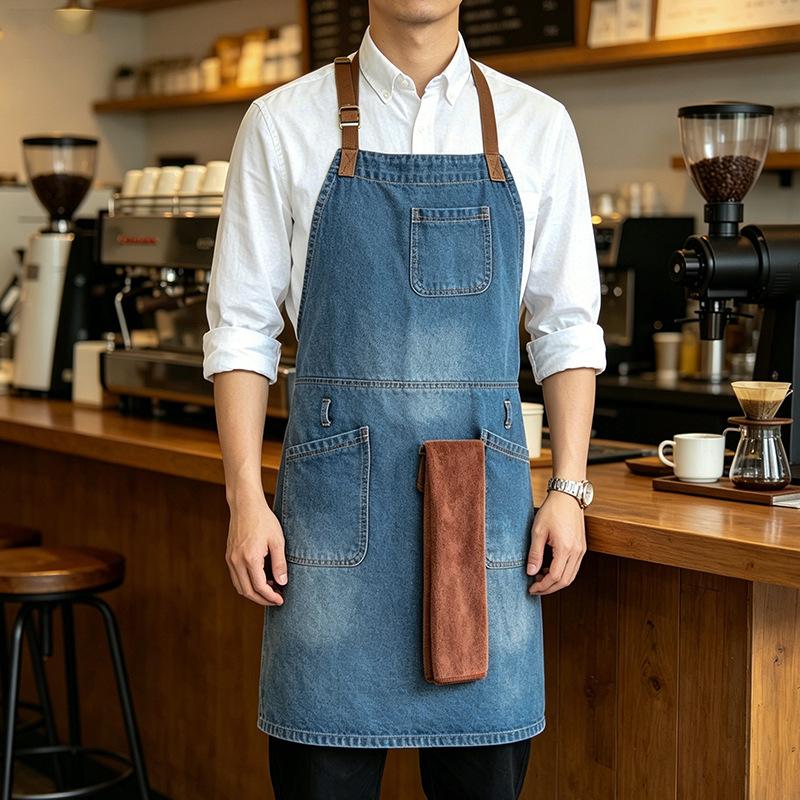 Washable Neck‑Hanging Denim Apron, Sleeveless Solid Work Apron For Cafe Barber Shop Chef Restaurant
