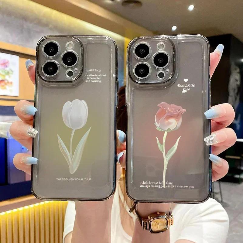 White Baihe Pink Rose Pattern Phone Case for Iphone 17 16 15 14 13 12 11 17 Pro Max Mini 16E 7 8 Plus Vintage Floral Soft Cover