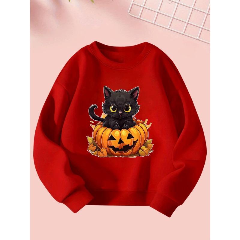 Cute Halloween Girl Creative Little Cat Resting on a Pumpkin Print Sweatshirt - Comfortable Long-Sleeve Round Neck for Autumn And Winter
