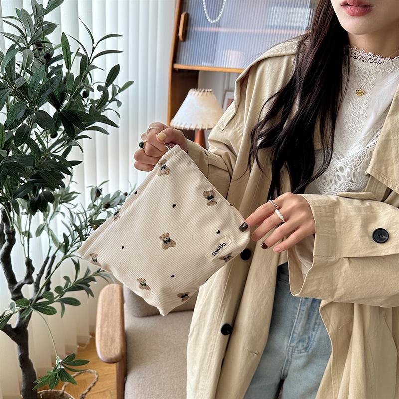 Portable Cartoon Bear Makeup Bag Corduroy Large Capacity Cosmetic Bag Pen Bags For Women Lady Girl