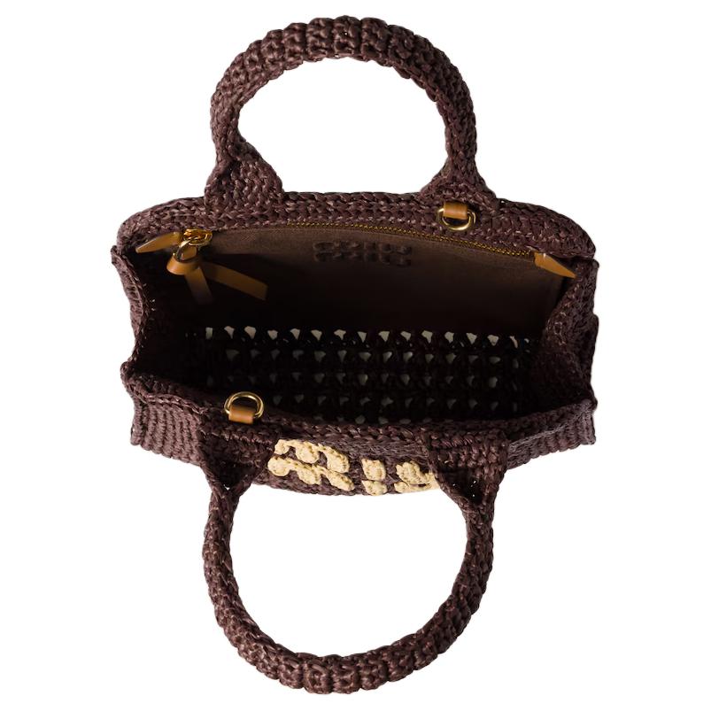 MIU MIU Logo de Letras Ganchillo Correa de Hombro Ajustable Bolso Tote de Rafia Bolso de Compras Bolso Tote para Mujer Marrón Castaño 5BA283_ADO1_F0966_V_OOO