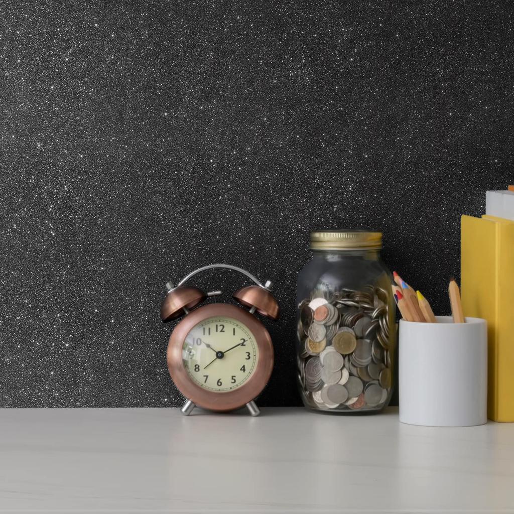 VEELIKE Glitter Removable Wallpaper Wall Renovation Suitable for Sliding Wall Furniture Interior Kitchen Easy to 40 x 300cm Sheet, Black, Thick,