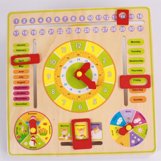 Kids Wooden Clock Toy Time Date Month Weather Season Preschool Learning Multi-function Portable Toddlers Early Educational Clock Toy