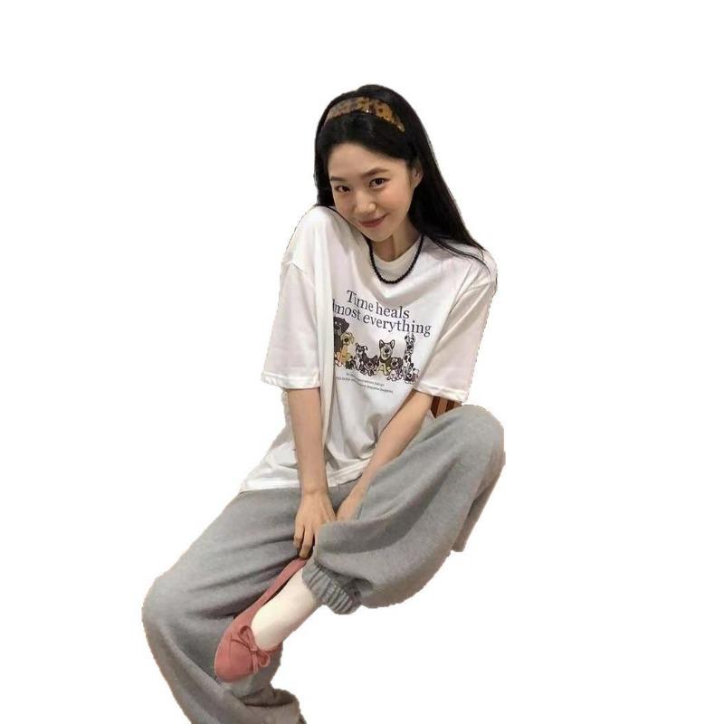 Women's Spring and Summer Niche with Round Neck Cartoon Printed Design Loose with Short Sleeve T-shirt Top
