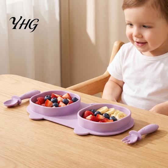 Silicone Suction Placemat Baby Foldable Dinner Plates with Fork And Spoon, Easy Clean Toddler Food Tray Travel Feeding Essentials, Divided Set