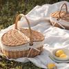 Woven Rattan Picnic Storage Basket Portable Outdoor Food Toy Organizers Basket with Lace Decor Home Travel Picnic Organizer Gift