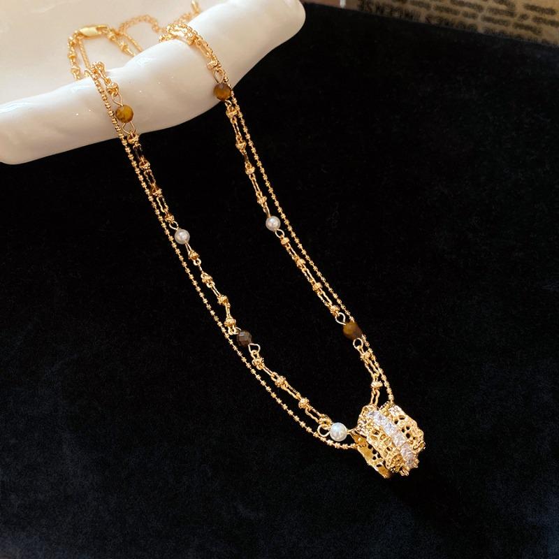 Meier Super sparkling zircon tiger eye stone pearl beaded double layer clavicle chain retro palace style necklace