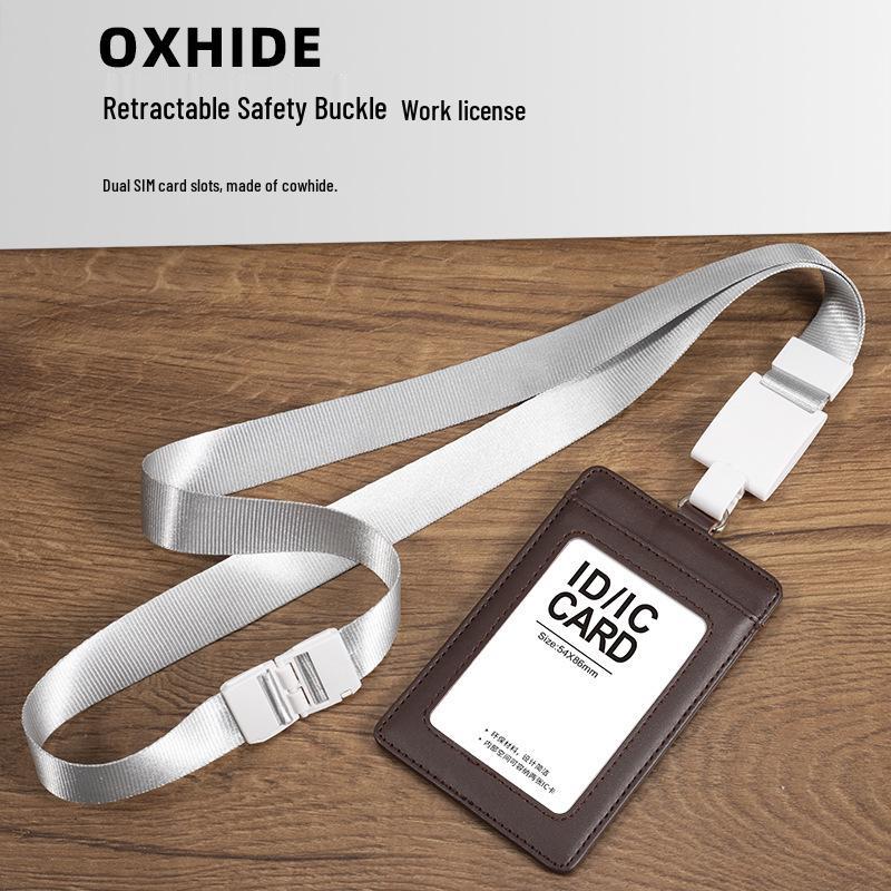 Leather ID Badge Holder with Horizontal & Vertical Card Slots, Retractable Lanyard, Suitable for Work & Campus