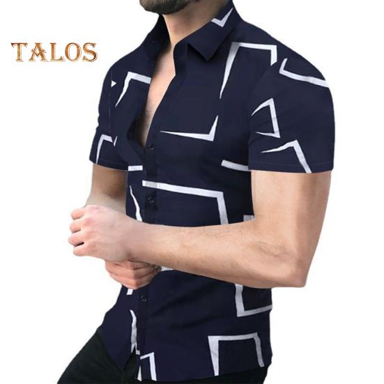 Sommerhemd für Herren, geometrischer Druck, einreihig, kurze Ärmel, Slim Fit, Umlegekragen, mittellanges Hemd in Kontrastfarbe