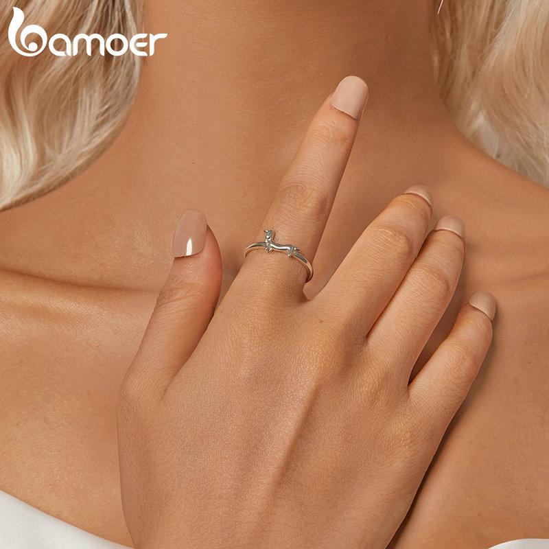 BAMOER 925 Sterling Silver Cute Dachshund Ring for Women Lovely Pet Dog Open Ring Statement Ring Jewelry Gift for Pet Lover