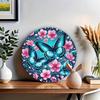 Round Tin Metal Sign with Blue Butterflies and Pink Cherry Blossoms Wall Decor