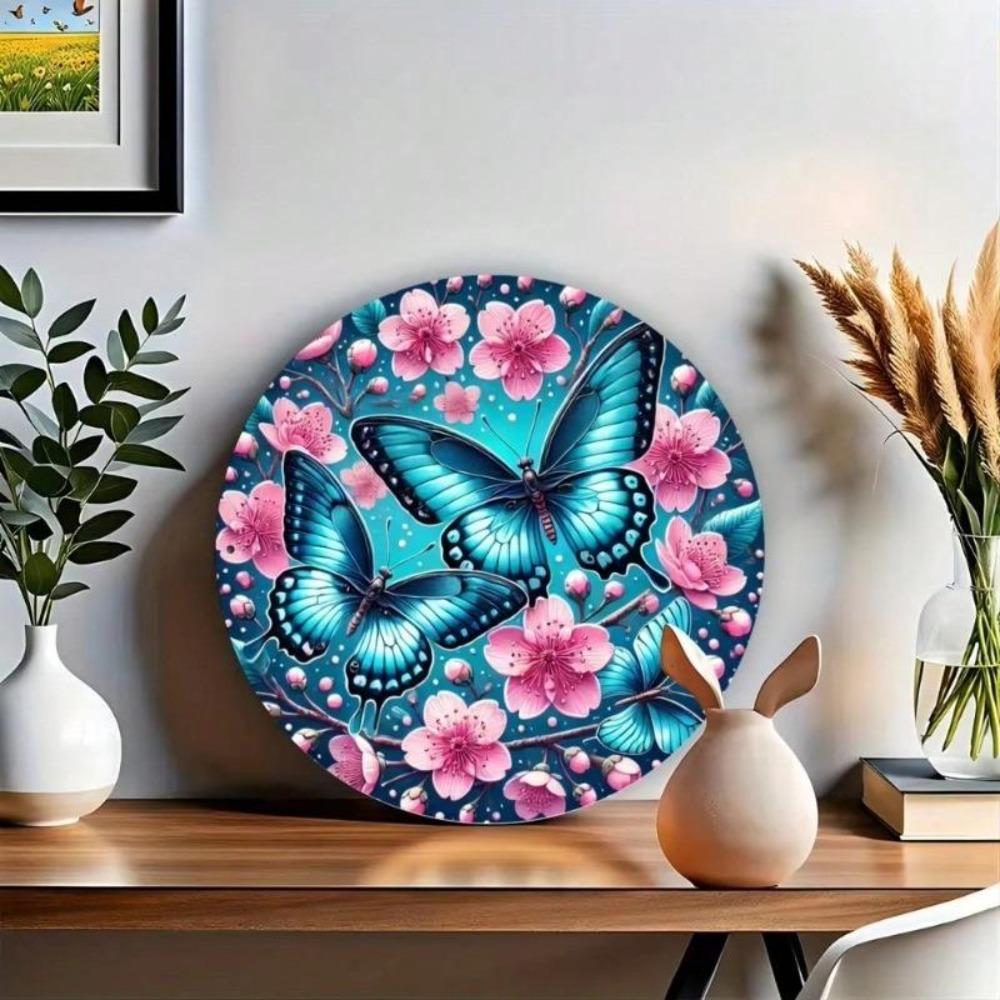 Round Tin Metal Sign with Blue Butterflies and Pink Cherry Blossoms Wall Decor