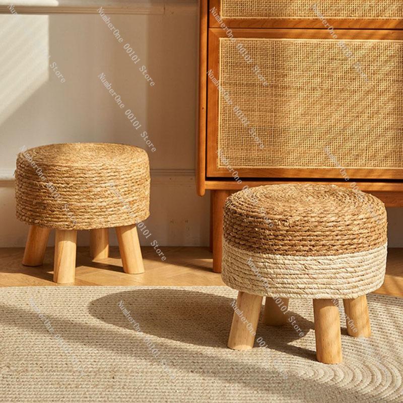 Pastoral Rattan Shoe Stool Small Round Stool Living Room Woven Sitting Pier