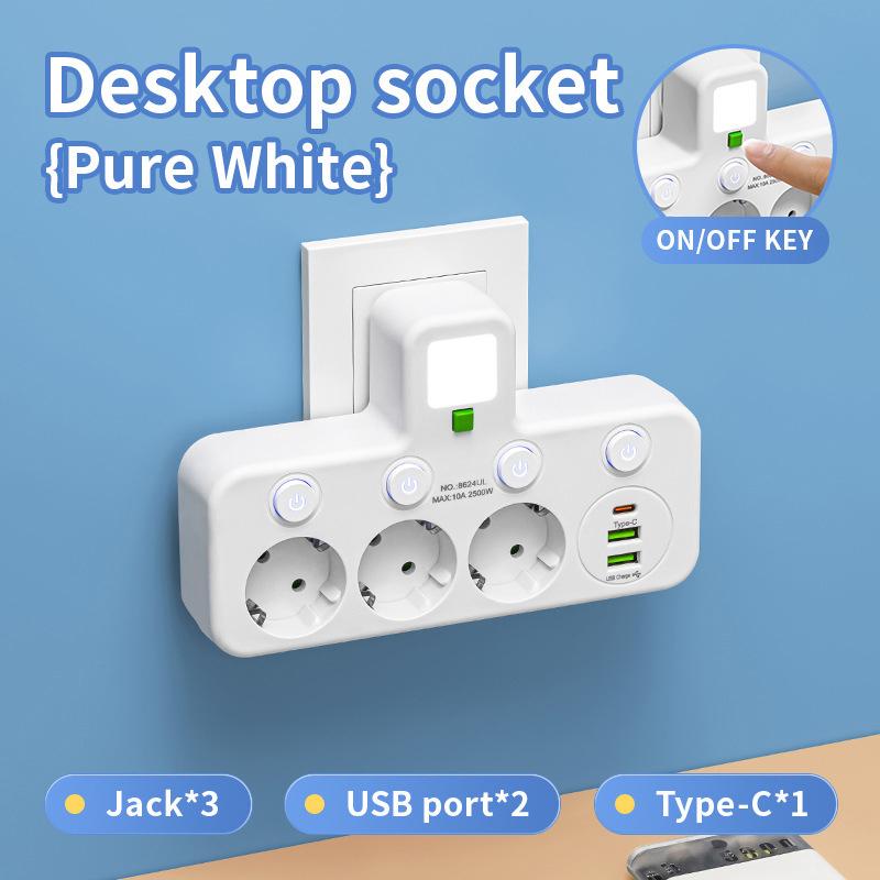 EU-Steckdosenleiste 4 Steckplätze Mehrfachstecker Wand-Steckdosenleiste Elektrische Steckdose 2 USB 1 Typ-C-Anschlüsse Ohne Verlängerungskabel Mit 2500W Max. Leistung