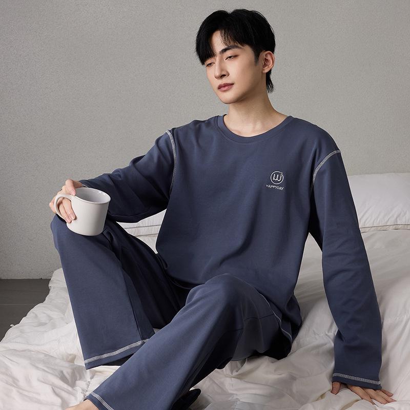Men's 100% Pure Cotton Pajamas - Long Sleeve & Pants, Solid Color, Loose Fit, Two-Piece Set for Spring & Autumn Homewear.