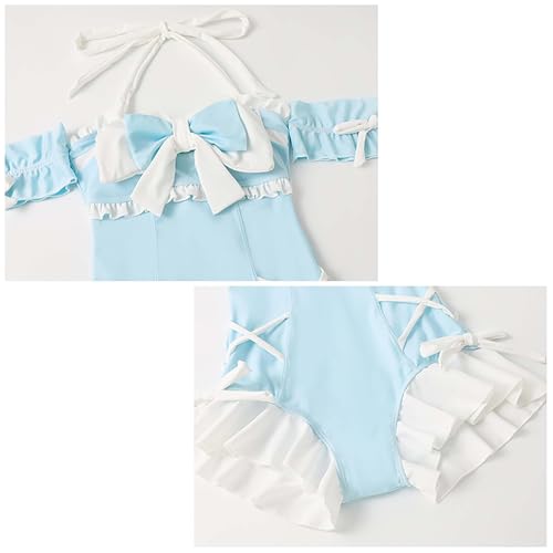 [Cosplay Kingdom] Lolita-style frilly swimsuit, ribbon decoration, off-shoulder, one-piece swimsuit (JP, alphabet, L, girls (small), light blue)