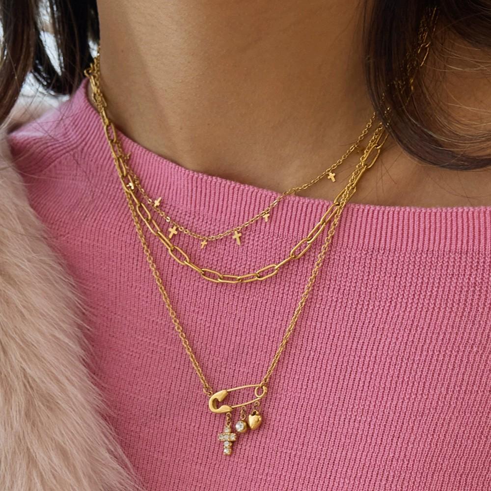 New Trendy Paperclip Titanium Steel Necklace Stainless Steel 18k Gold Corss Charm Necklace Jewelry for Women
