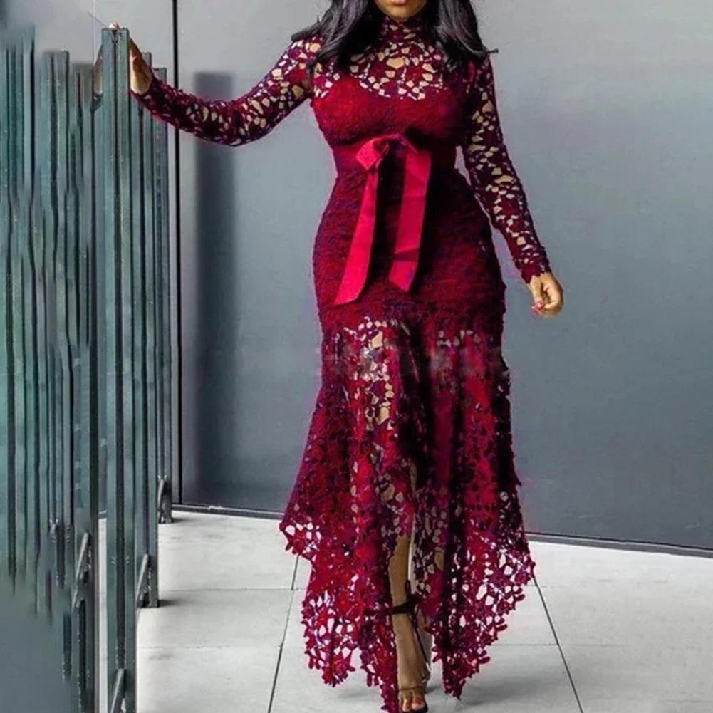 Abito lungo elegante in pizzo da donna, da sera, da festa, aderente, a maniche lunghe, taglie forti, alla moda