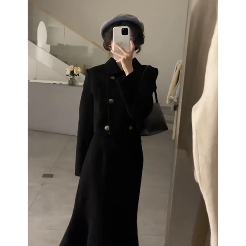Hepburn Style Black Fishtail Dress: Elegant Autumn/Winter Women's Slim Two-Piece