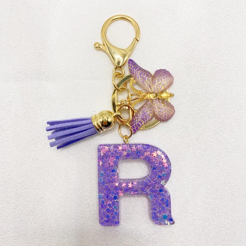 26-Letter Alphabet Resin Keychain with Star Sequins & Tassel Charm