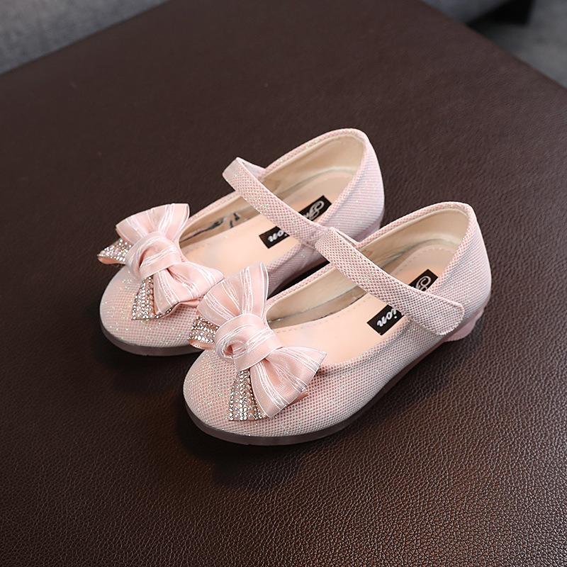 Glitzernde Lederschuhe im koreanischen Stil für Mädchen mit Strassschleife – Prinzessinnenschuhe mit niedrigem Absatz, Tanzschuhe für Kinder