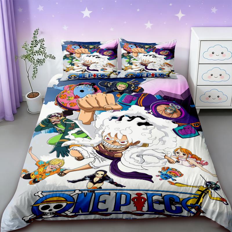 Duvet Cover One Piece Kids Cartoon Luffy Bedding Set with 2 Pillowcases Soft and Cozy Bedroom Bed Decor Teens Boys Gifts