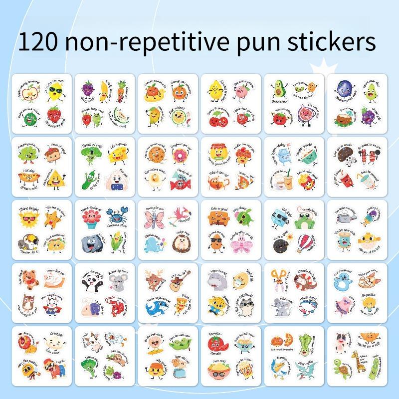 

120PCS Encouraged Stickers Pun Homophonic Terrier Cartoon Fruit Cute Animal Kindergarten Enlightenment Kids Stickers