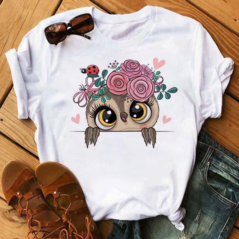 Maycaur Cartoon Owl Print T Shirt Women Kawaii Graphic Shirts Casual Short Sleeved Black Female Tee O-neck Harajuku T-shirts