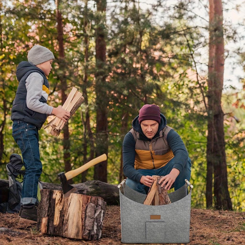 1 Stück Großer XXL Brennholzkorb - Robuster faltbarer Brennholz-Aufbewahrungskorb mit dickem Fleece und stabilen Holzgriffen