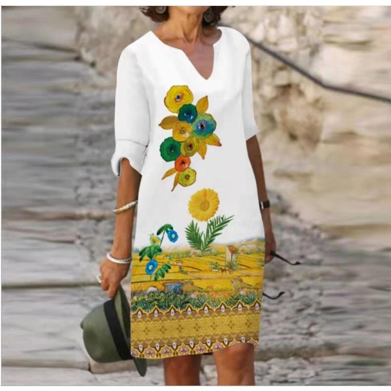 QICED Abiti Estivi Stampati Larghi in Fibra di Bambù Lino Floreale Manica Corta Donna Vintage Letterario Scollo O Manica a Cinque Punti