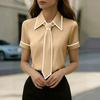 Womens Spring Tops Summer Shirts for Women Short Sleeve Office Blouse with Tie Womens Summer Tops Dressy Casual Style