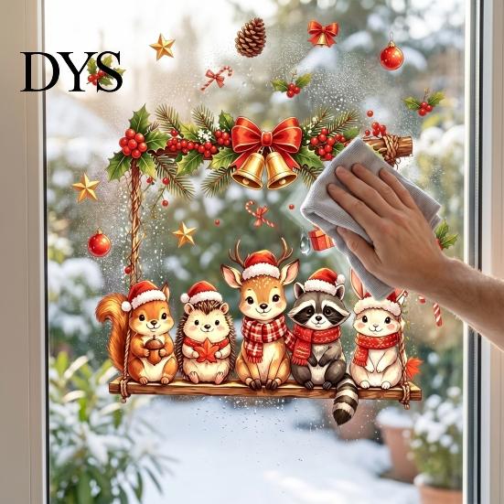 Christmas Window Clings Animals Decal, Static Cling Removable Sticker, Waterproof PVC Cute Seasonal Art Deer Bunny on Swing Decal for Living