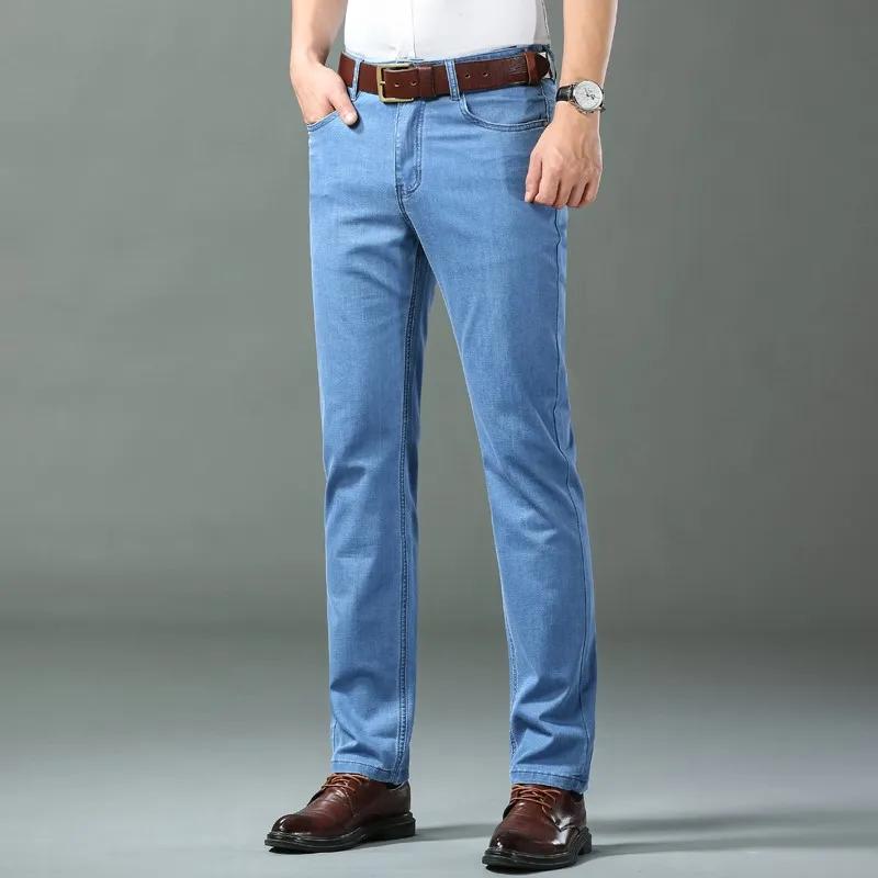 Summer Lightweight Ice Silk Jeans for Men, Loose Straight Leg Stretch Casual Business Plus Size Comfortable Trendy Pants