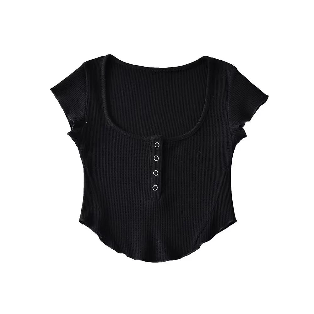 American Style Slim Fit U-Neck Buttoned Waffle Knit Crop Top for Women