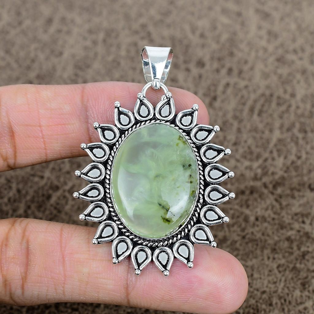Prehnite Gemstone Handmade 925 Sterling Silver Jewelry Pendant 2.29" KKG-720