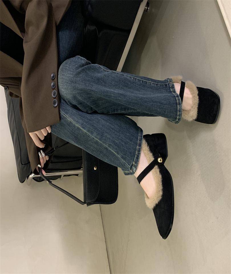 Thick-heeled Bag-headed Shoes for Women's 2025 Autumn and Winter New French Retro Square-headed Leopard Print Plush Mary Jane Mao Shoes